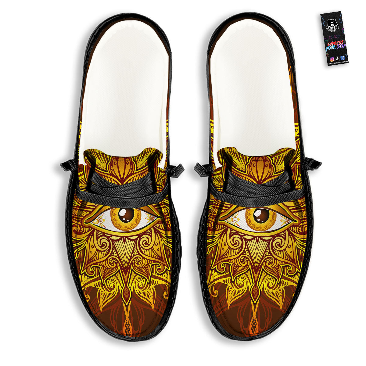 All Seeing Eye Gold Print Black Loafers-grizzshop