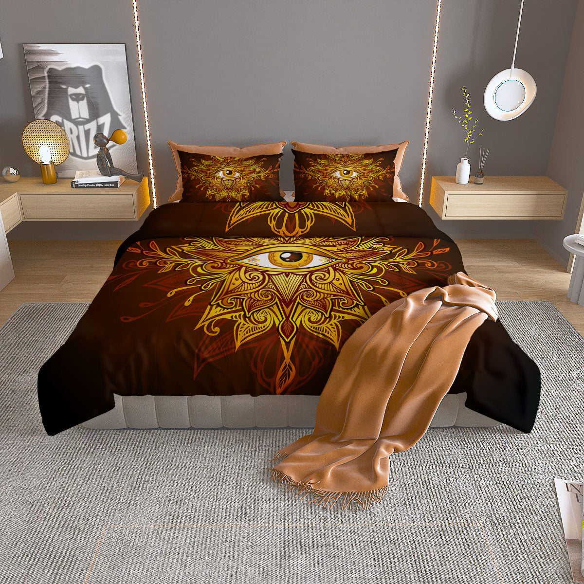 All Seeing Eye Gold Print Duvet Cover Bedding Set