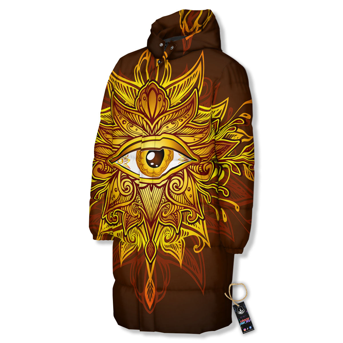 All Seeing Eye Gold Print Long Down Jacket-grizzshop