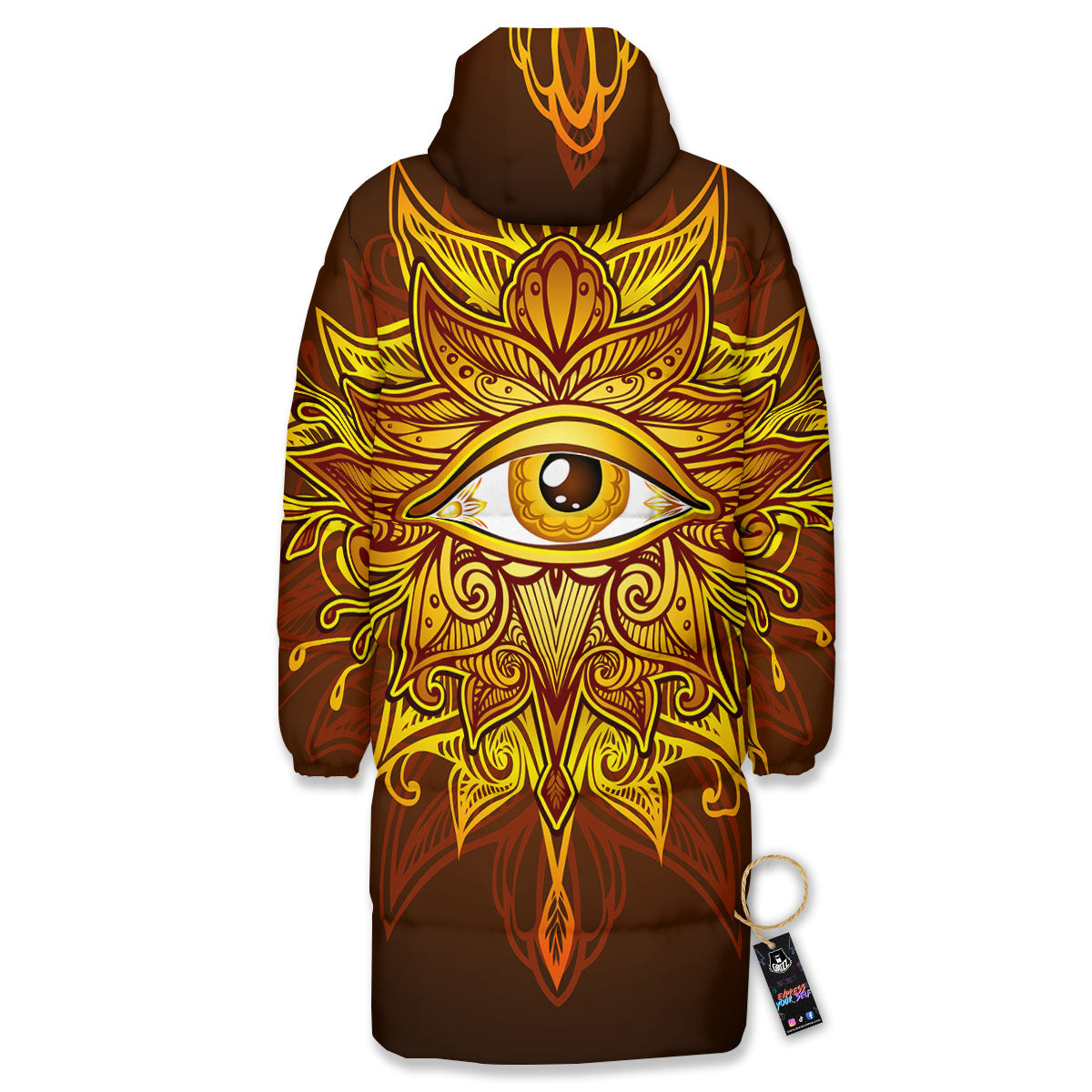 All Seeing Eye Gold Print Long Down Jacket-grizzshop