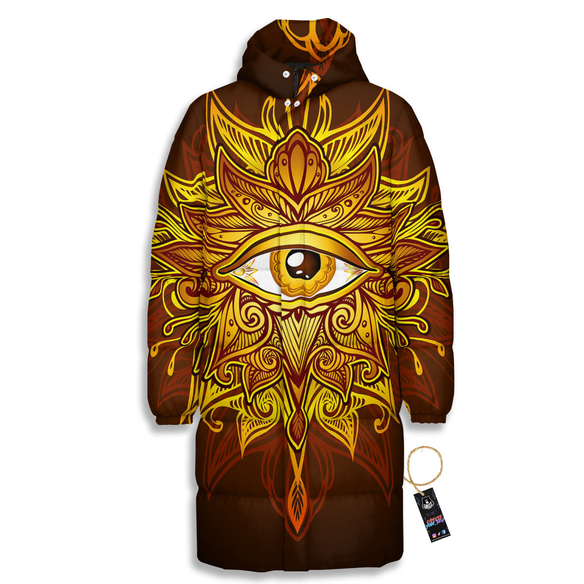 All Seeing Eye Gold Print Long Down Jacket-grizzshop