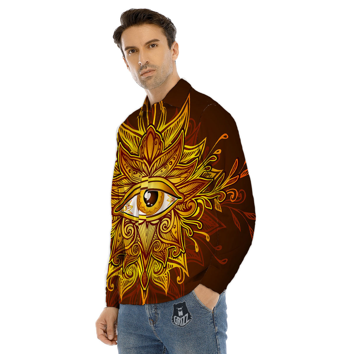 All Seeing Eye Gold Print Men's Dress Shirts-grizzshop