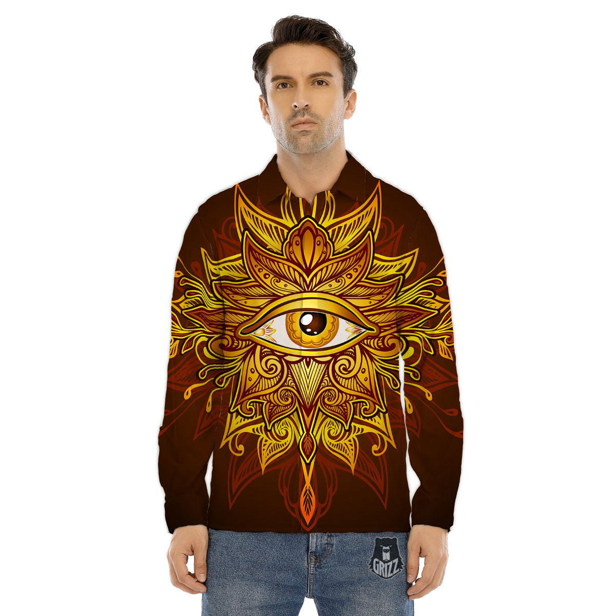 All Seeing Eye Gold Print Men's Dress Shirts-grizzshop