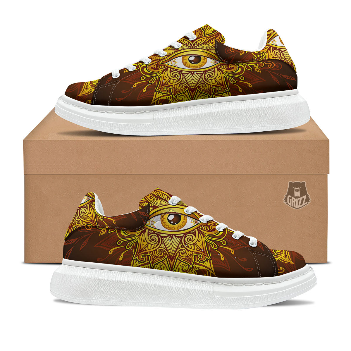 All Seeing Eye Gold Print Platform Shoes-grizzshop
