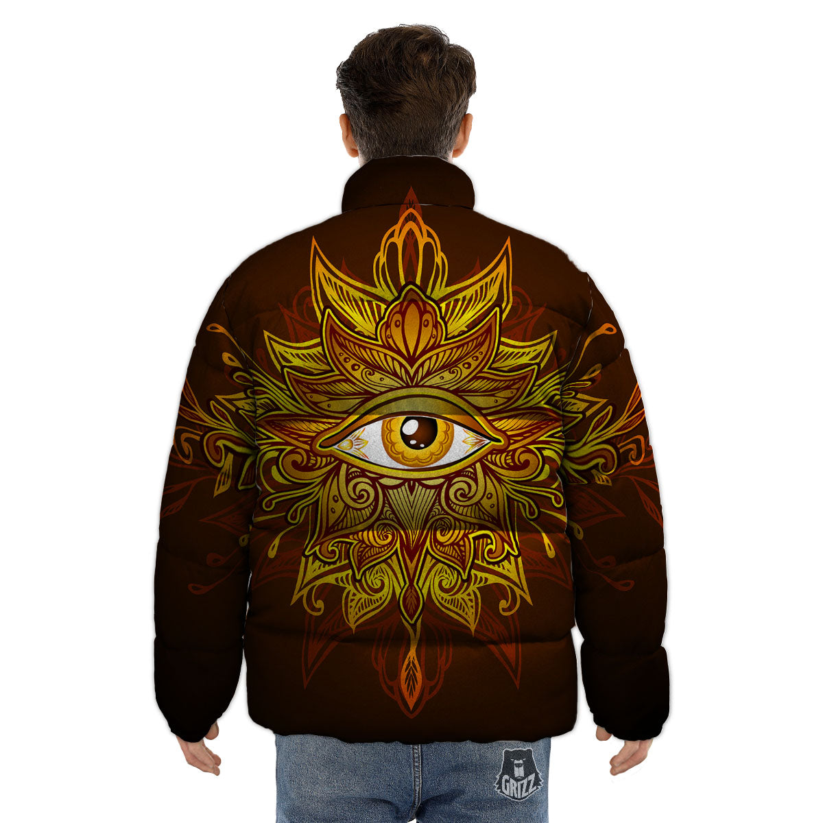 All Seeing Eye Gold Print Puffer Jacket-grizzshop