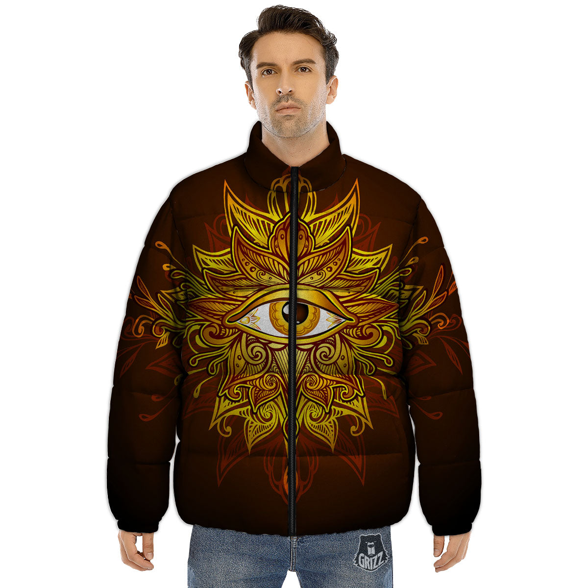 All Seeing Eye Gold Print Puffer Jacket-grizzshop