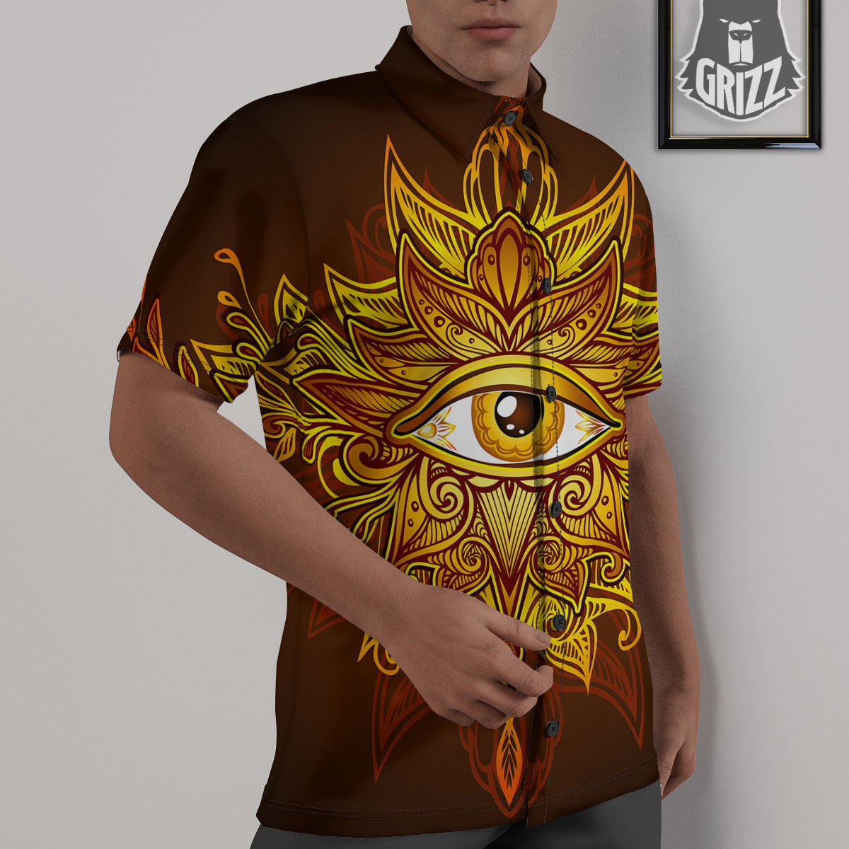All Seeing Eye Gold Print Untucked Shirts-grizzshop