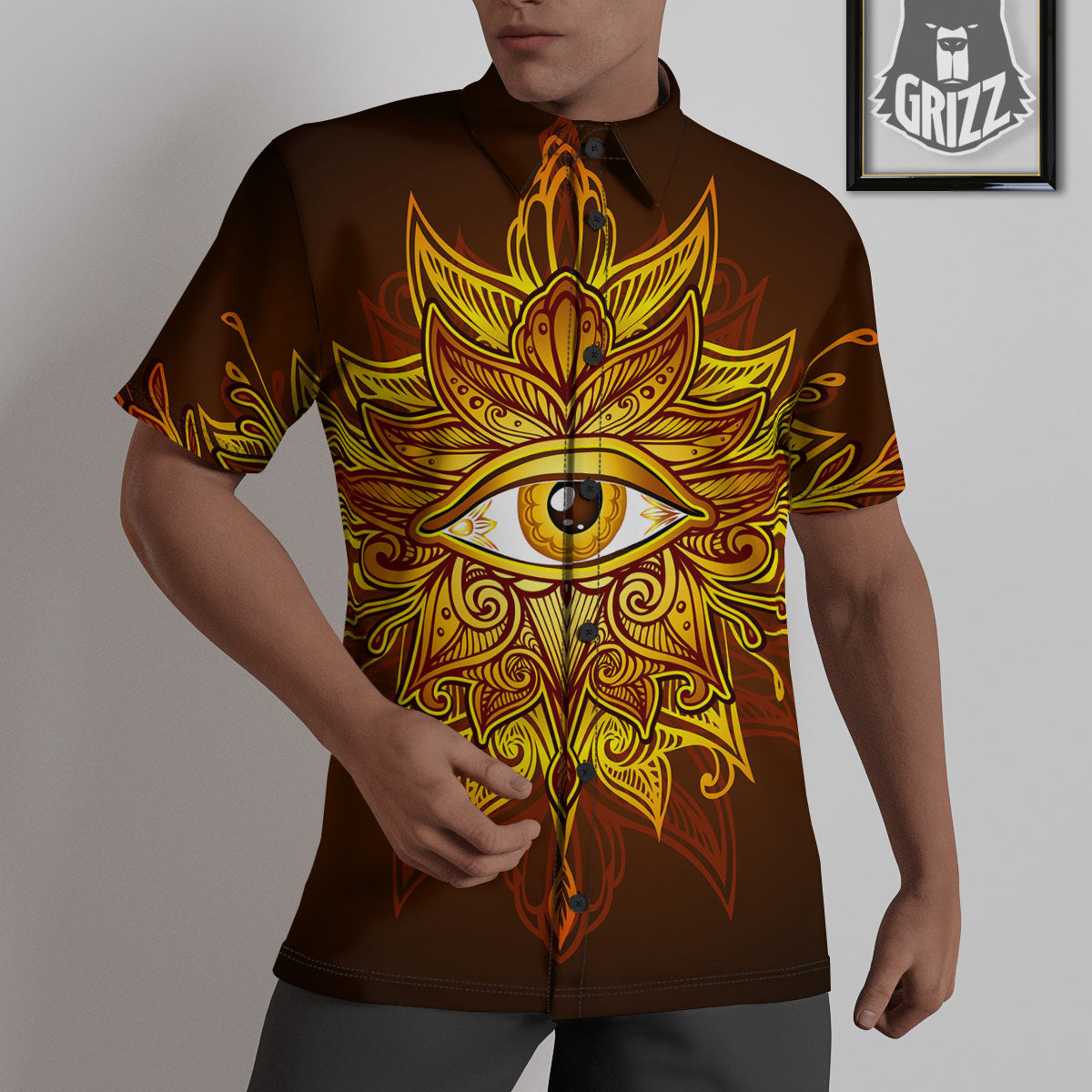 All Seeing Eye Gold Print Untucked Shirts-grizzshop