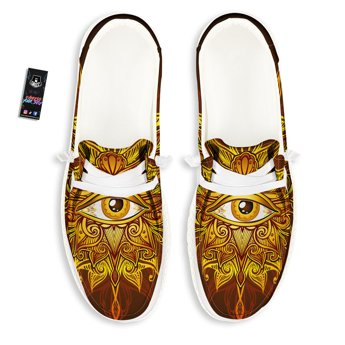 All Seeing Eye Gold Print White Loafers-grizzshop