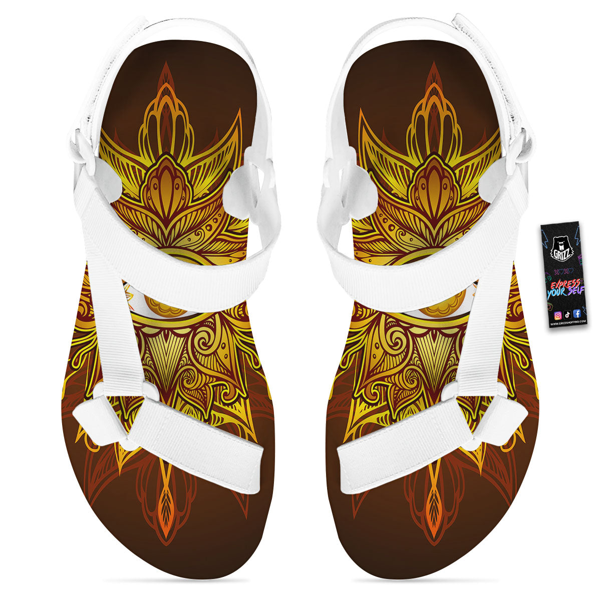 All Seeing Eye Gold Print White Open Toe Sandals-grizzshop