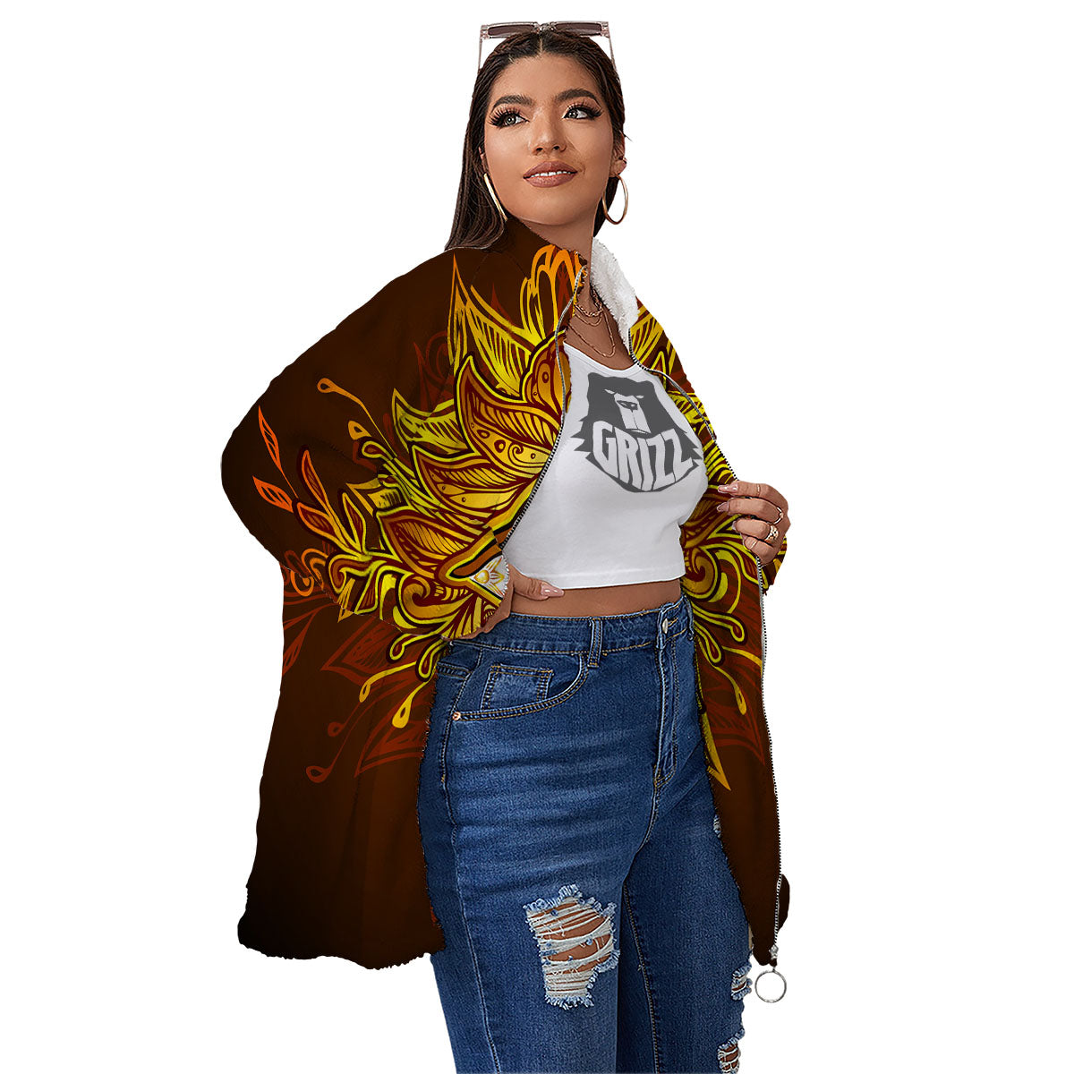 All Seeing Eye Gold Print Women's Sherpa Jacket-grizzshop