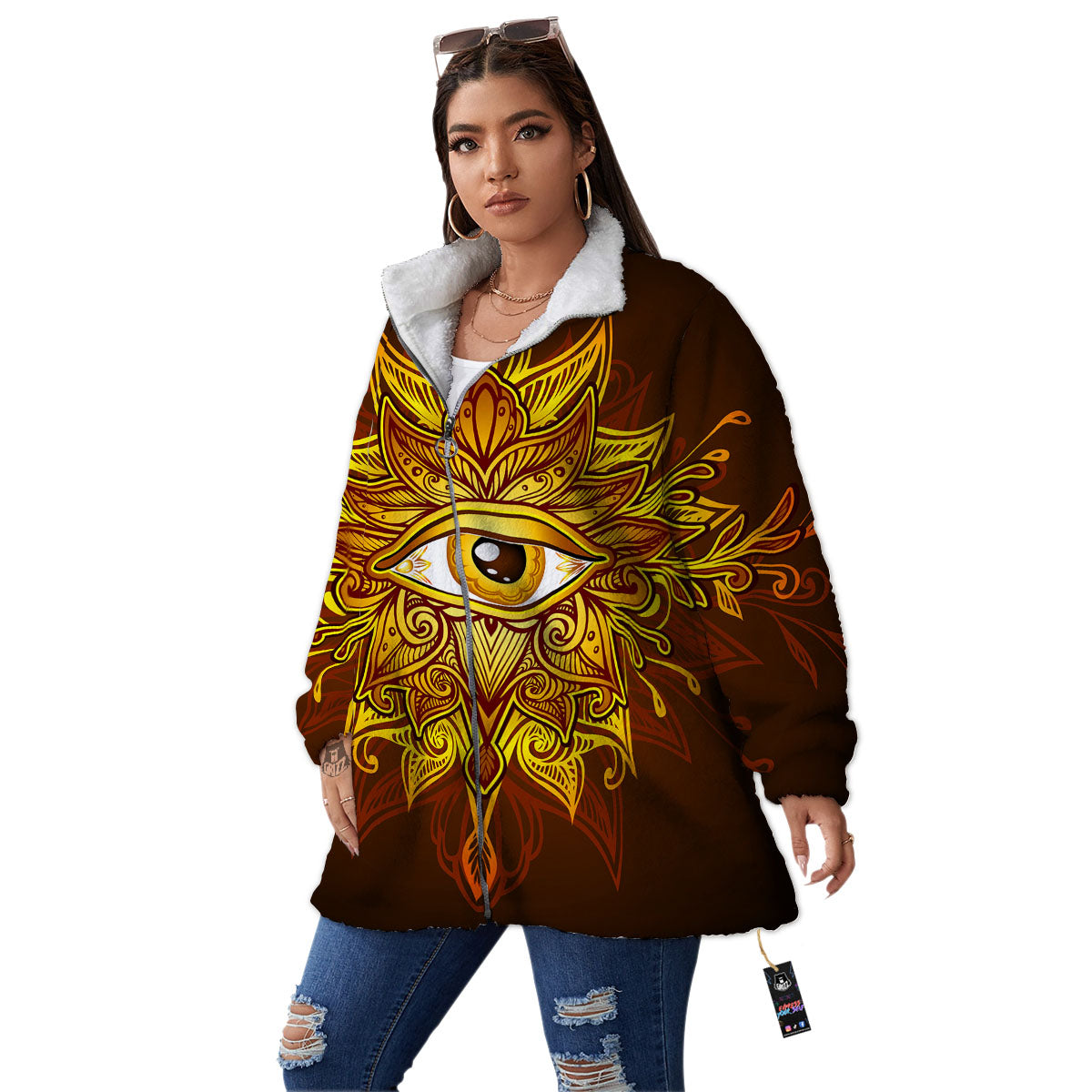 All Seeing Eye Gold Print Women's Sherpa Jacket-grizzshop