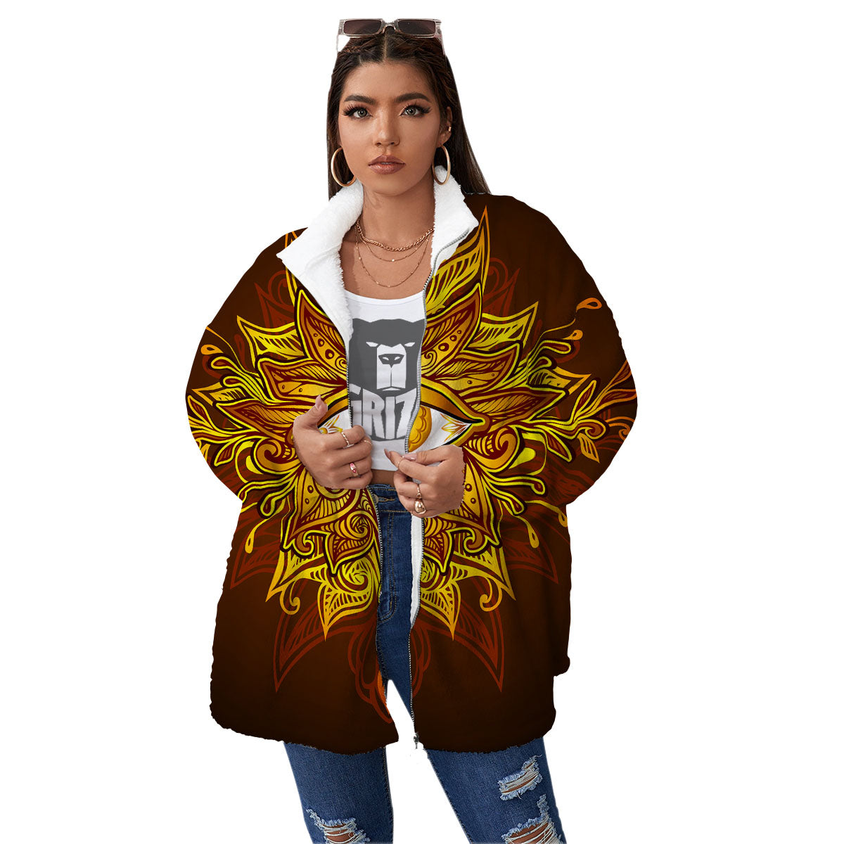 All Seeing Eye Gold Print Women's Sherpa Jacket-grizzshop