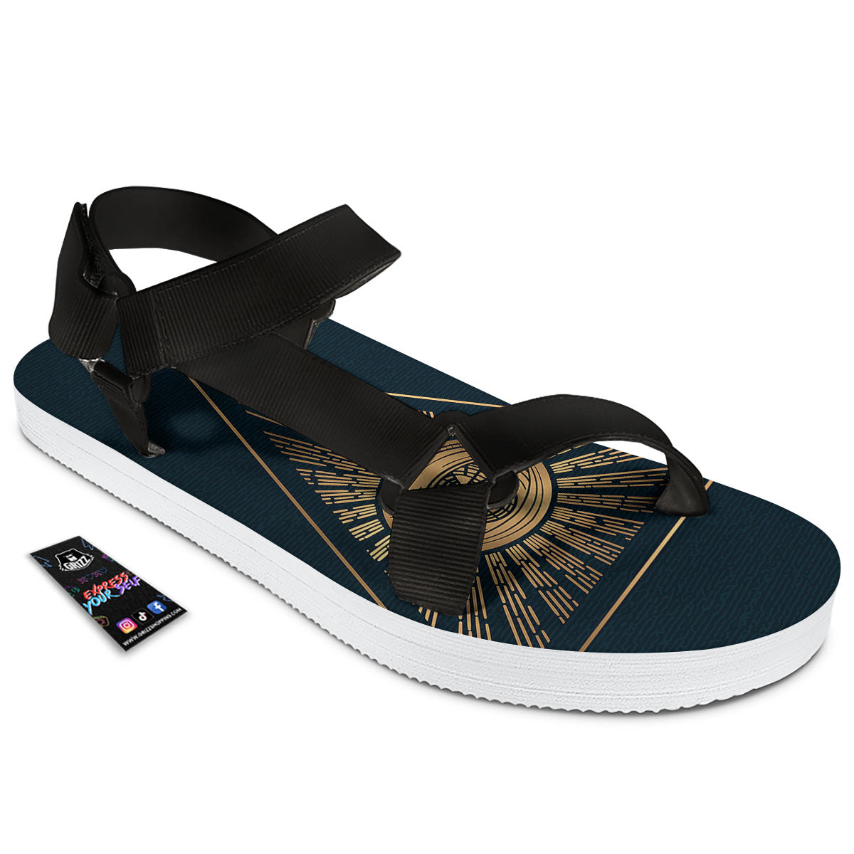 All Seeing Eye Masonic Print Black Open Toe Sandals-grizzshop