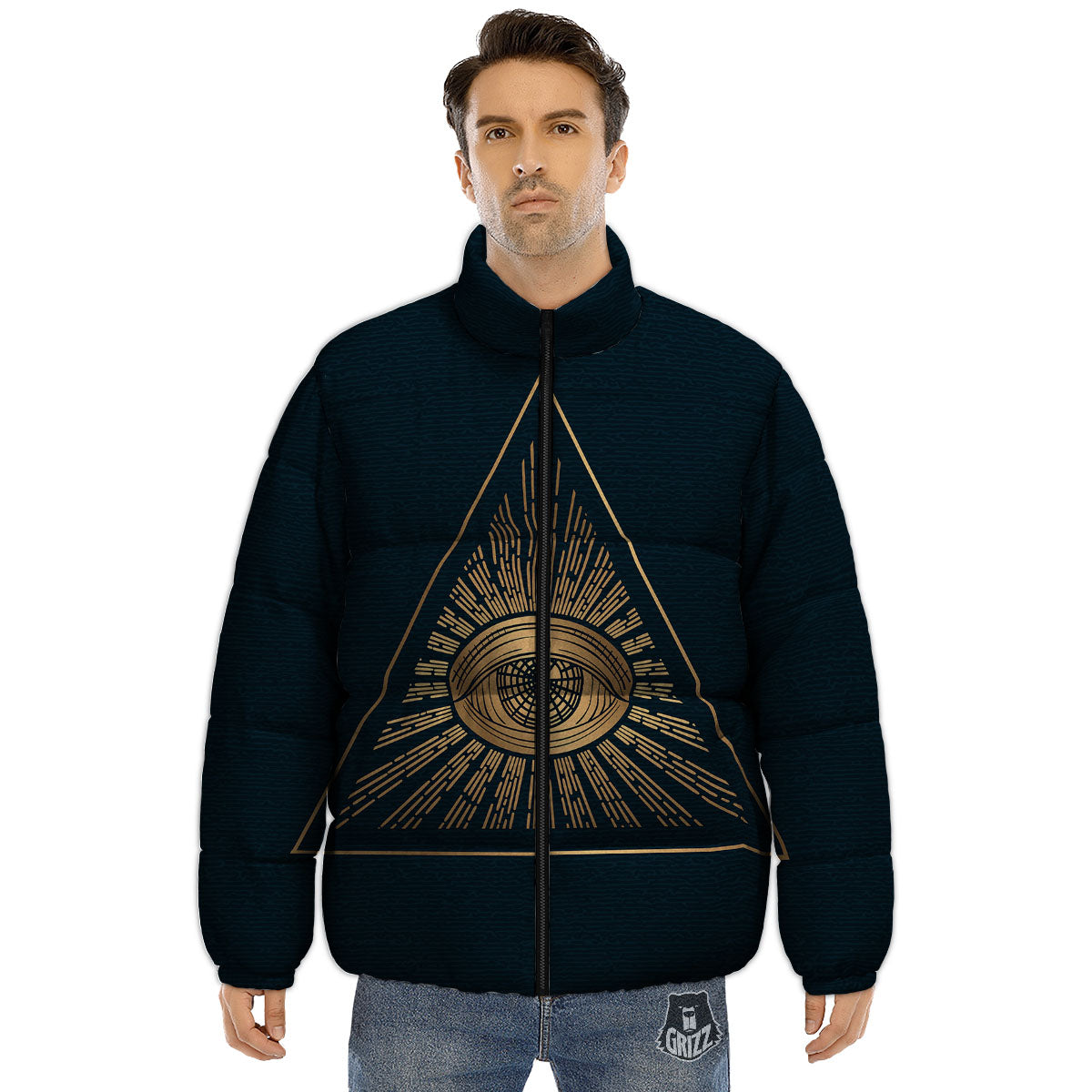 All Seeing Eye Masonic Print Puffer Jacket-grizzshop