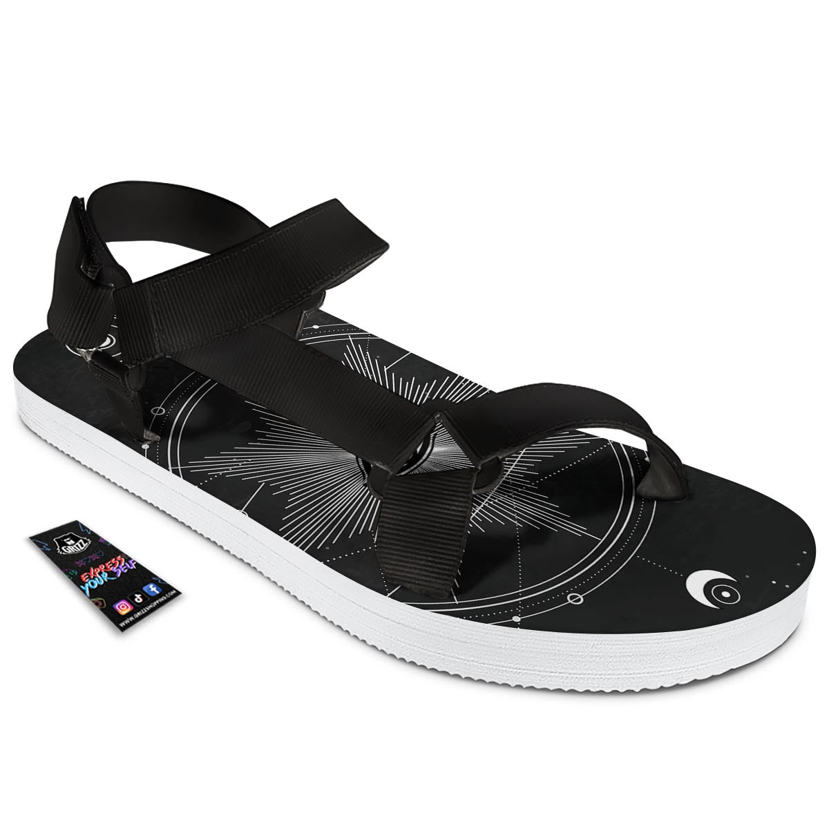 All Seeing Eye Sun Print Black Open Toe Sandals-grizzshop