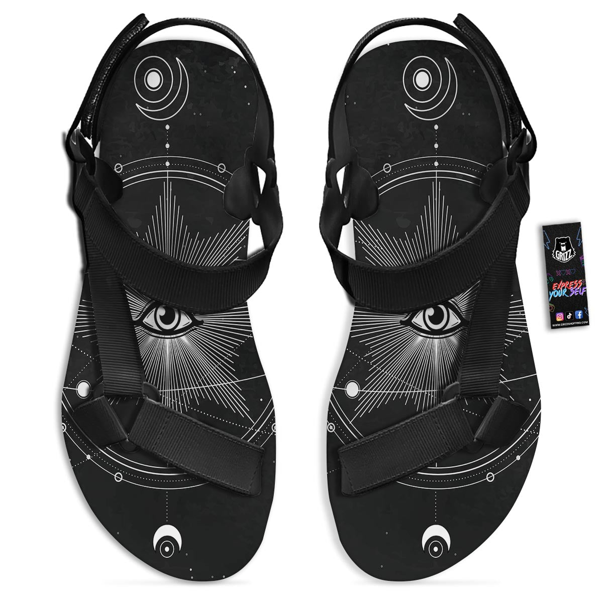 All Seeing Eye Sun Print Black Open Toe Sandals-grizzshop