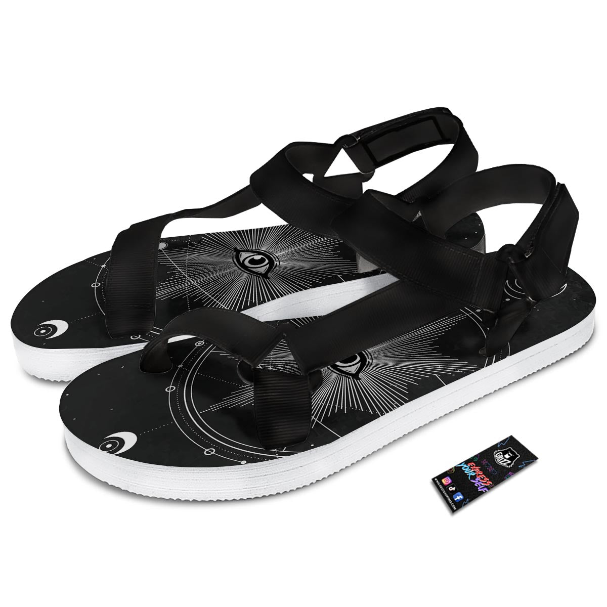 All Seeing Eye Sun Print Black Open Toe Sandals-grizzshop