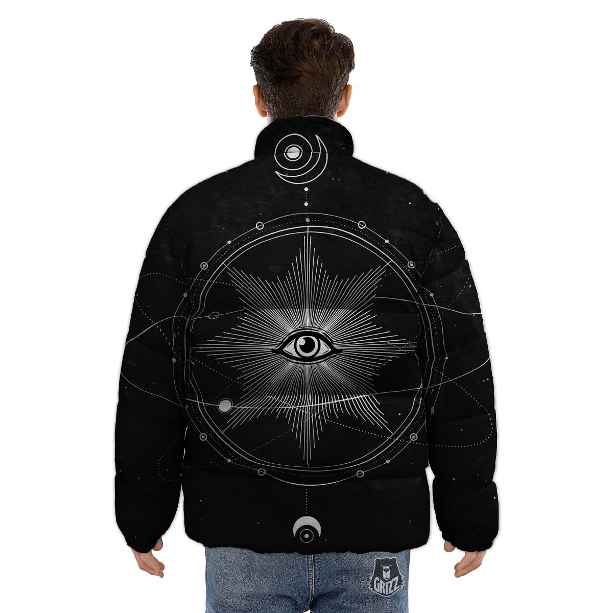 All Seeing Eye Sun Print Puffer Jacket-grizzshop