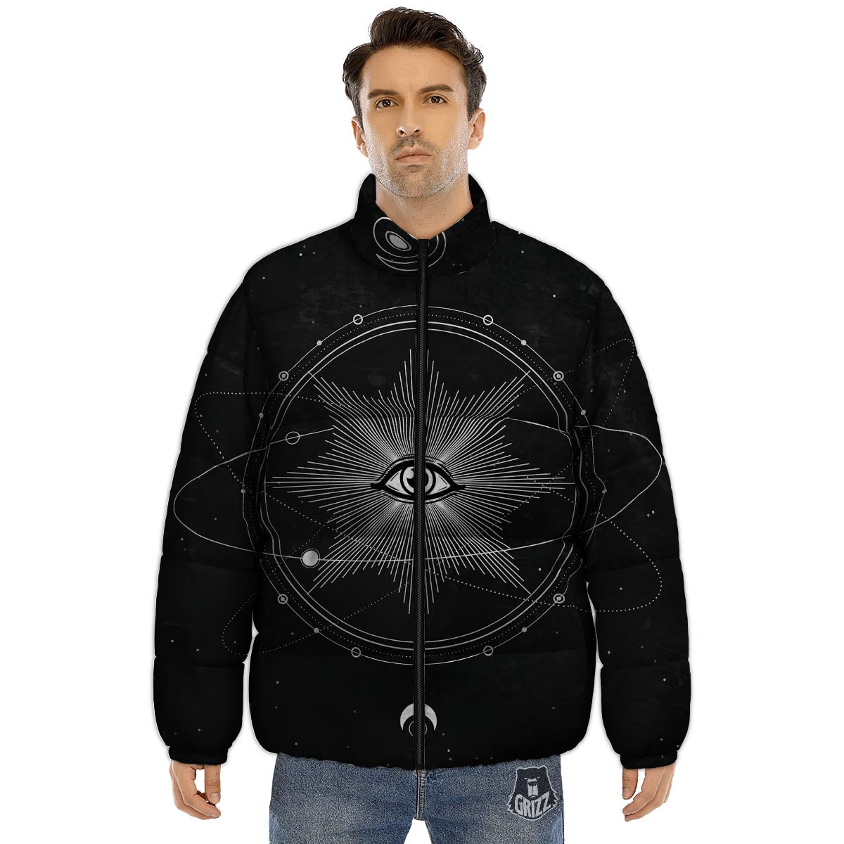 All Seeing Eye Sun Print Puffer Jacket-grizzshop