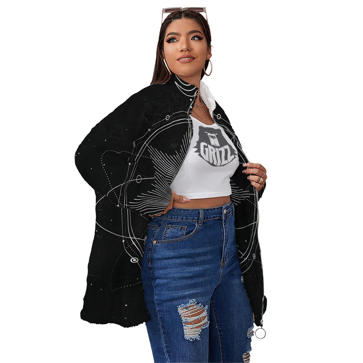 All Seeing Eye Sun Print Women's Sherpa Jacket-grizzshop