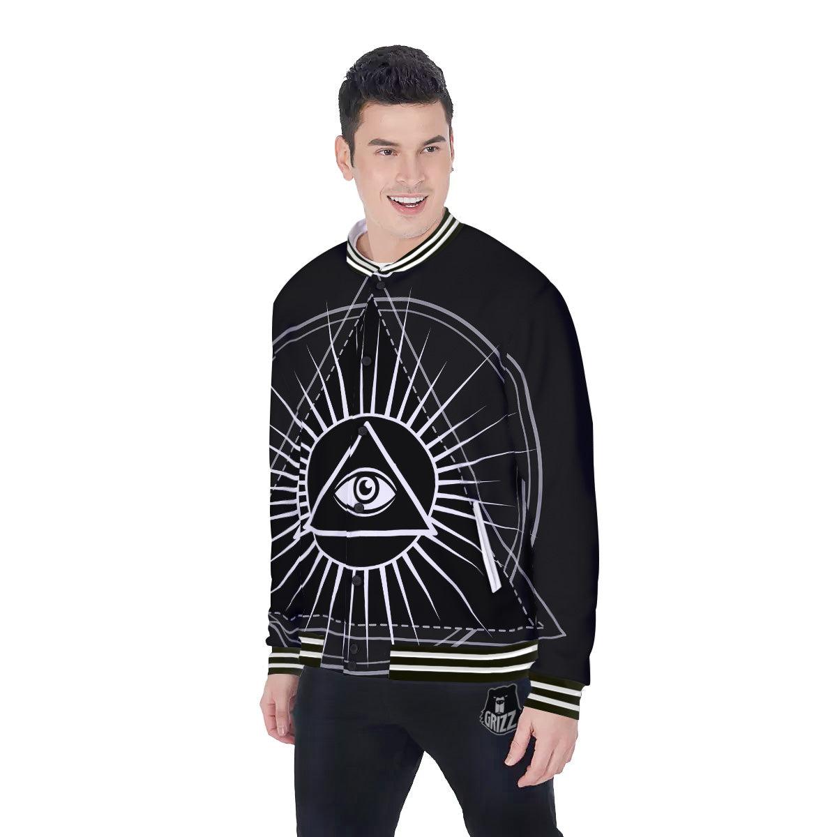 All Seeing Eye White And Black Print Baseball Jacket-grizzshop