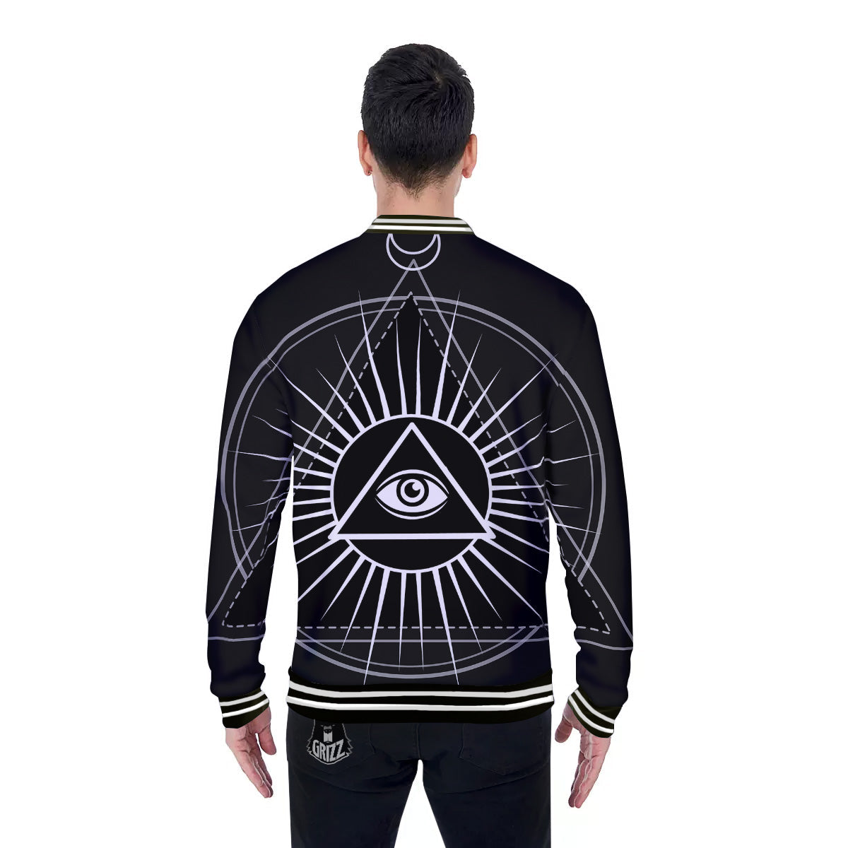 All Seeing Eye White And Black Print Baseball Jacket-grizzshop