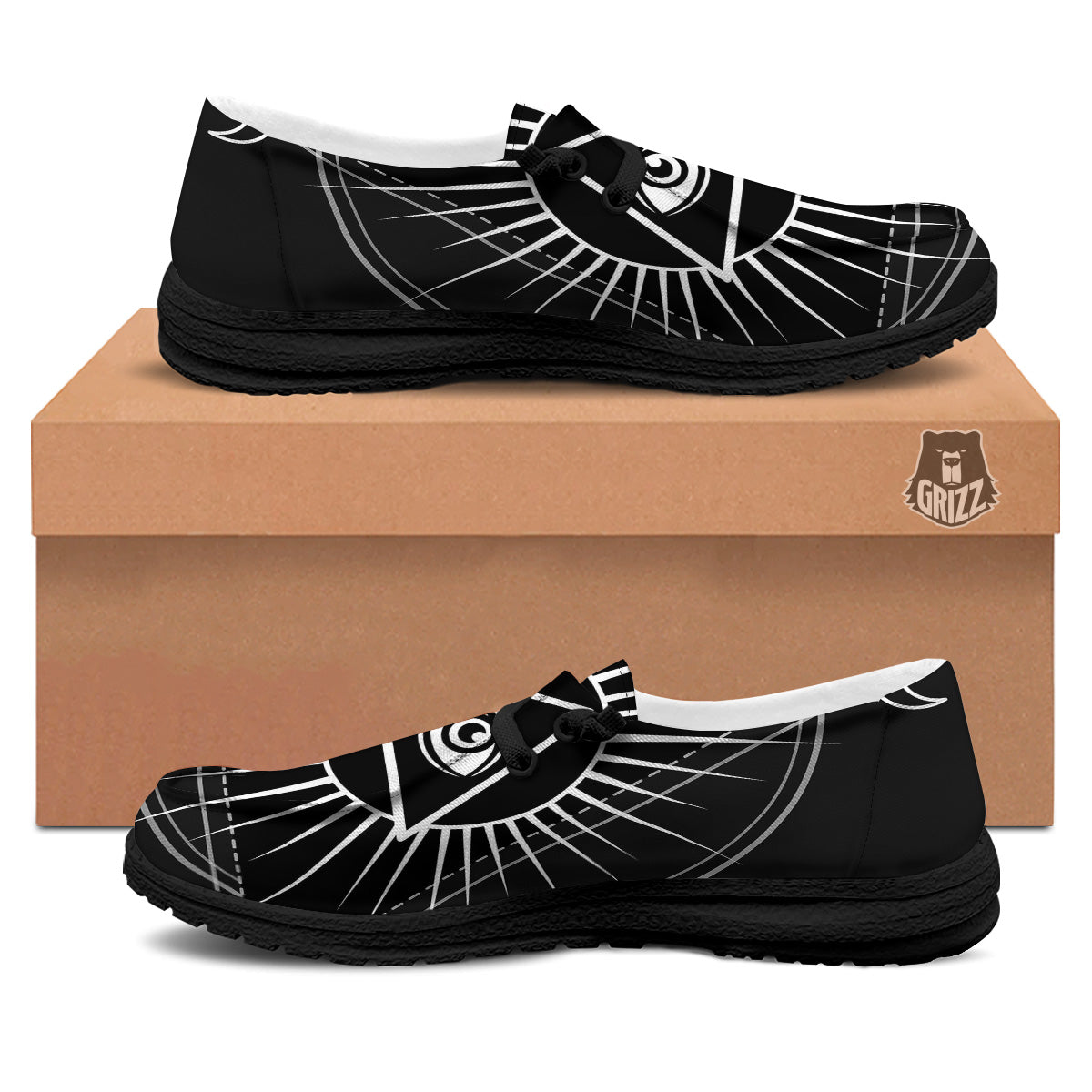 All Seeing Eye White And Black Print Black Loafers-grizzshop