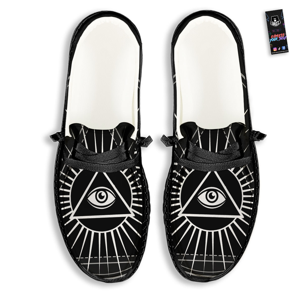 All Seeing Eye White And Black Print Black Loafers-grizzshop