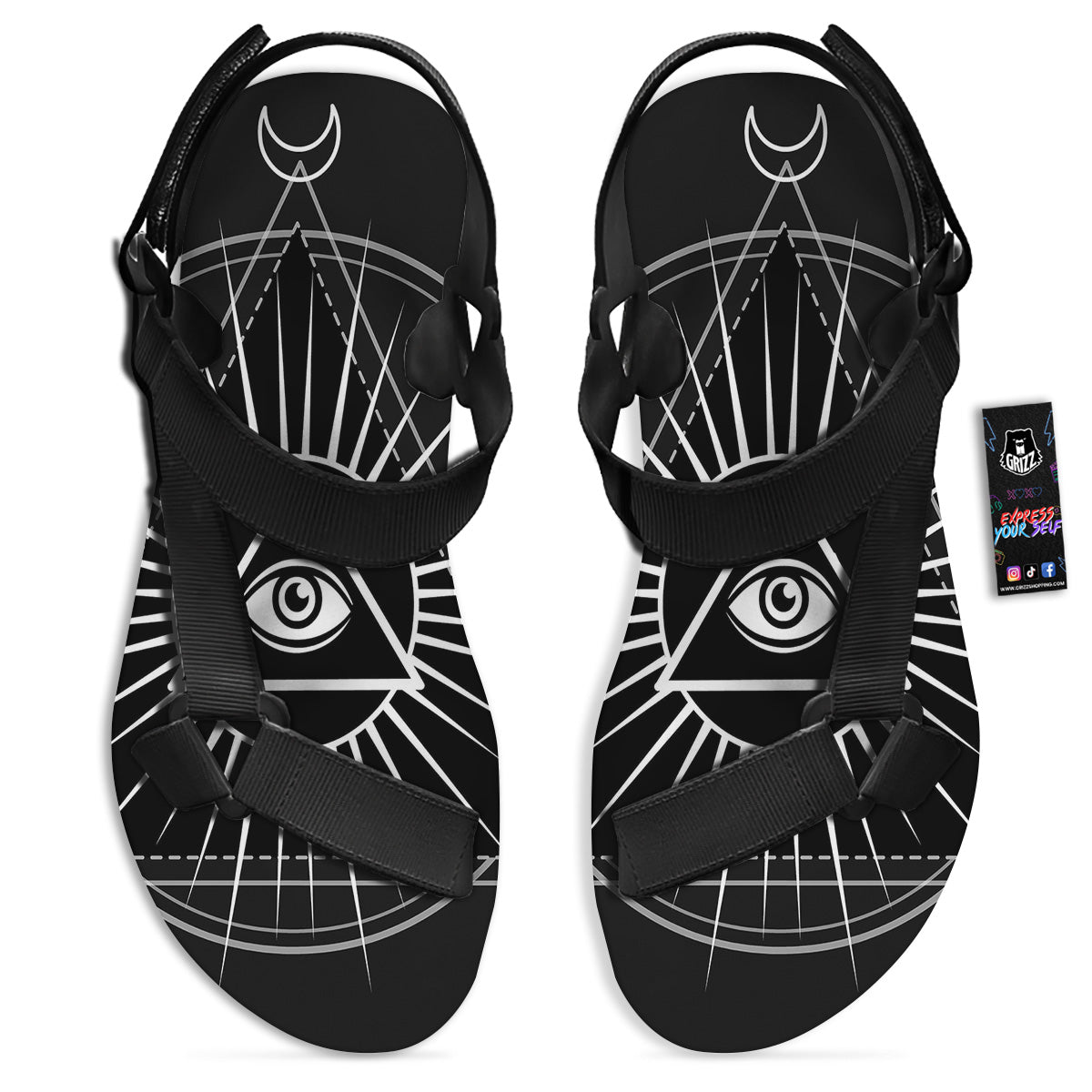 All Seeing Eye White And Black Print Black Open Toe Sandals-grizzshop