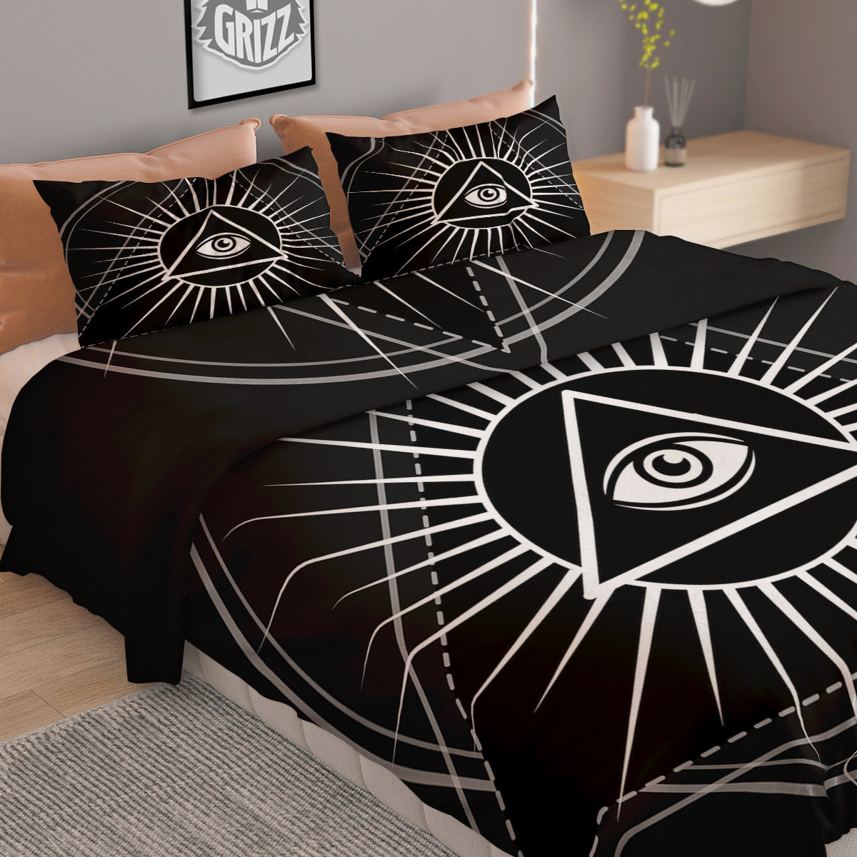 All Seeing Eye White And Black Print Duvet Cover Bedding Set