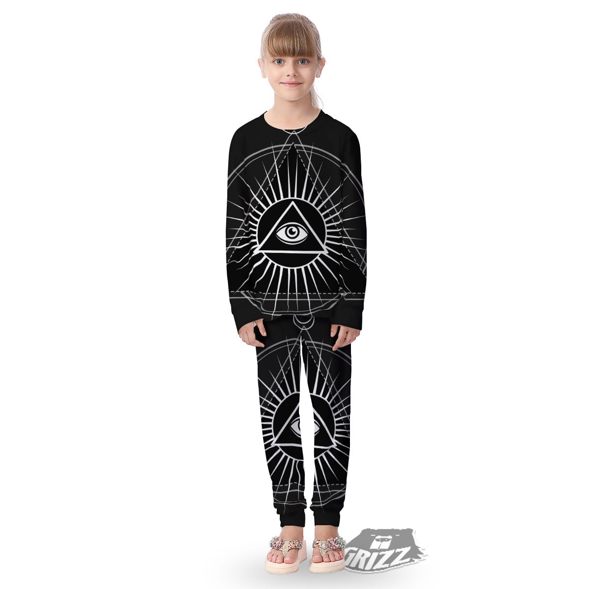 All Seeing Eye White And Black Print Kid's Pajamas-grizzshop