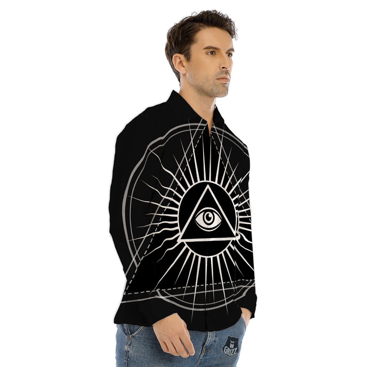 All Seeing Eye White And Black Print Men's Dress Shirts-grizzshop