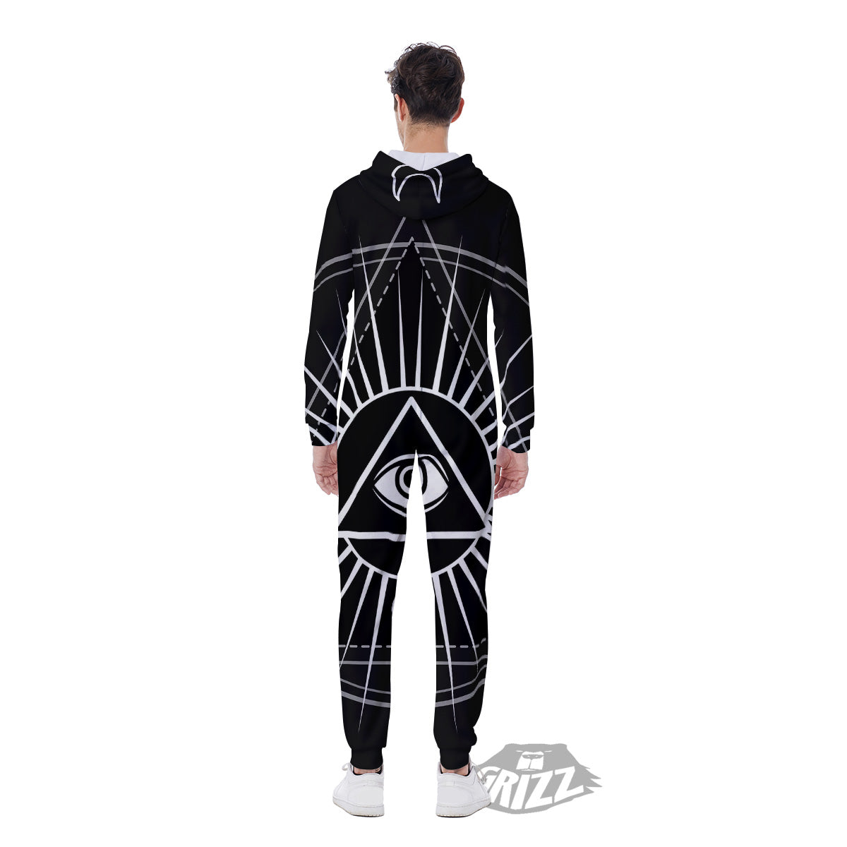 All Seeing Eye White And Black Print Men's Jumpsuit-grizzshop