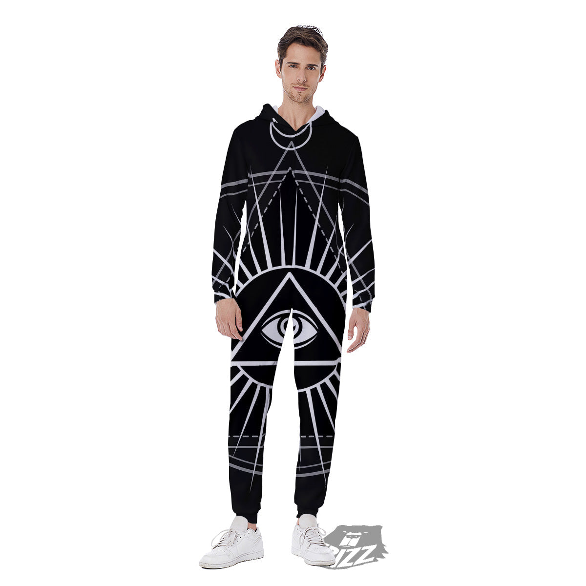 All Seeing Eye White And Black Print Men's Jumpsuit-grizzshop