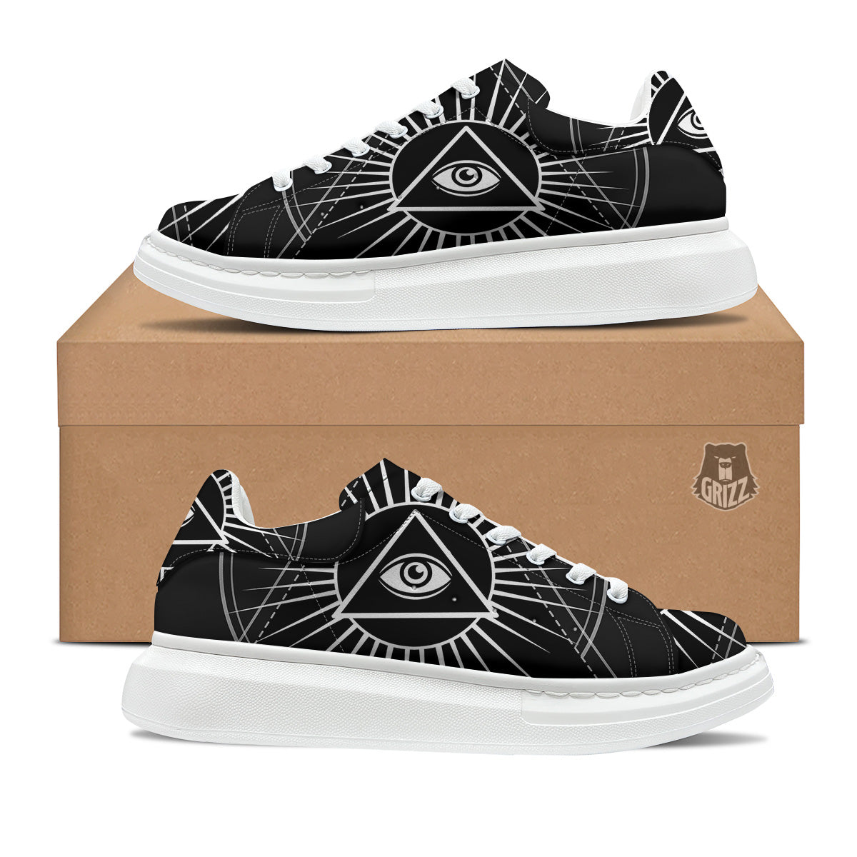 All Seeing Eye White And Black Print Platform Shoes-grizzshop