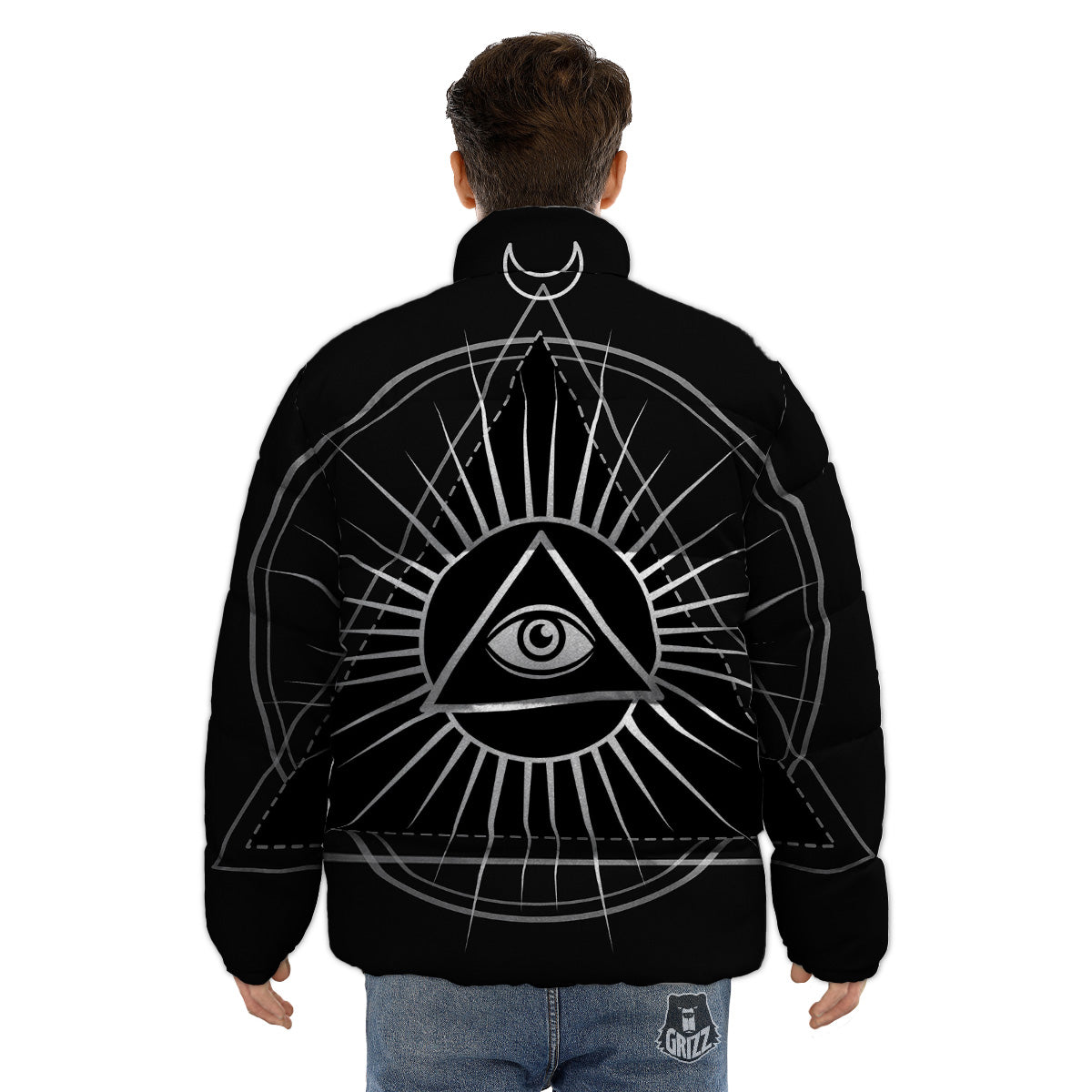 All Seeing Eye White And Black Print Puffer Jacket-grizzshop