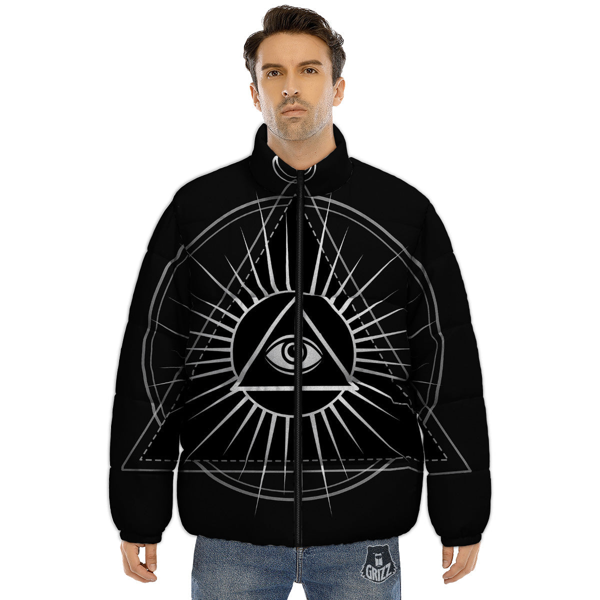 All Seeing Eye White And Black Print Puffer Jacket-grizzshop