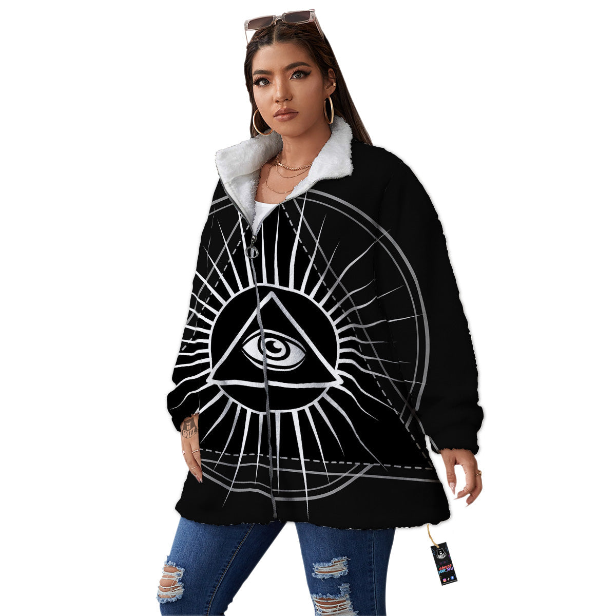 All Seeing Eye White And Black Print Women's Sherpa Jacket-grizzshop