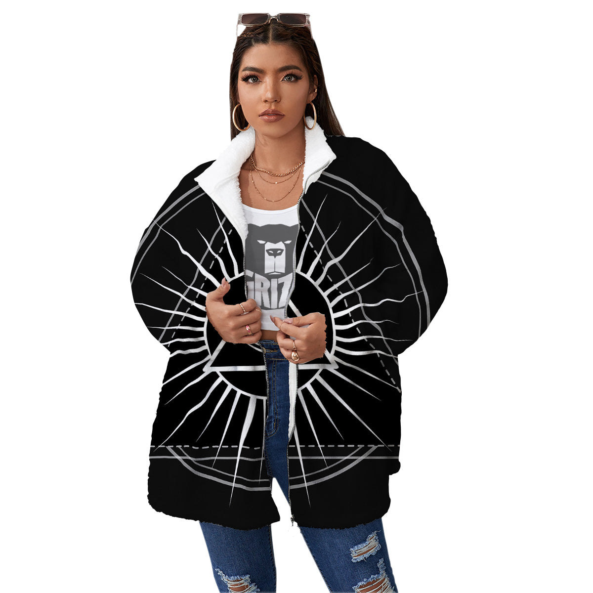 All Seeing Eye White And Black Print Women's Sherpa Jacket-grizzshop