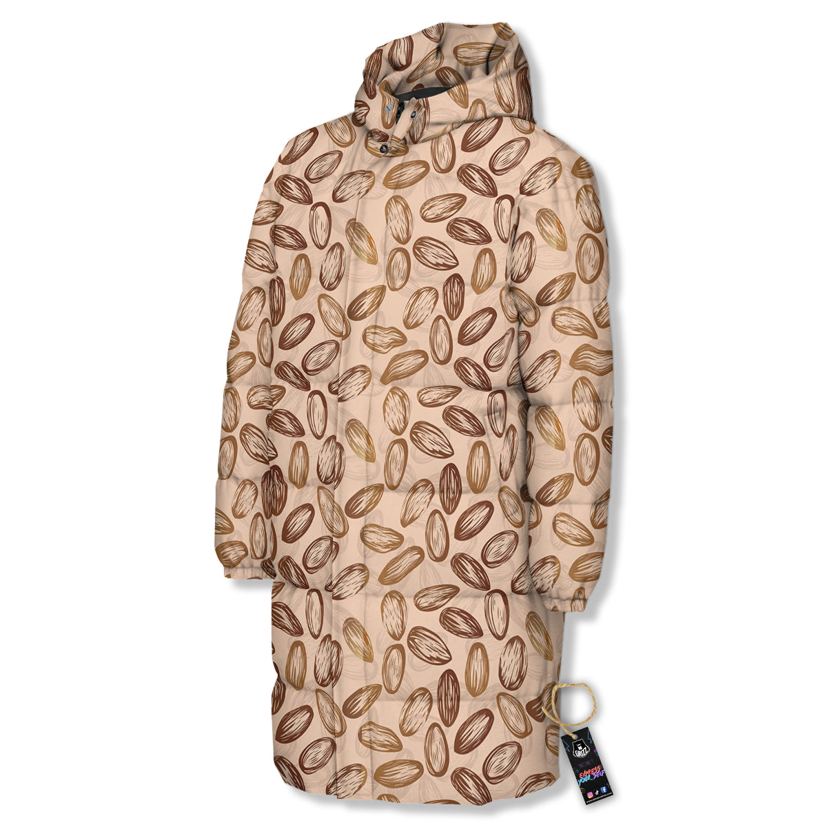Almond Beige Print Pattern Long Down Jacket-grizzshop