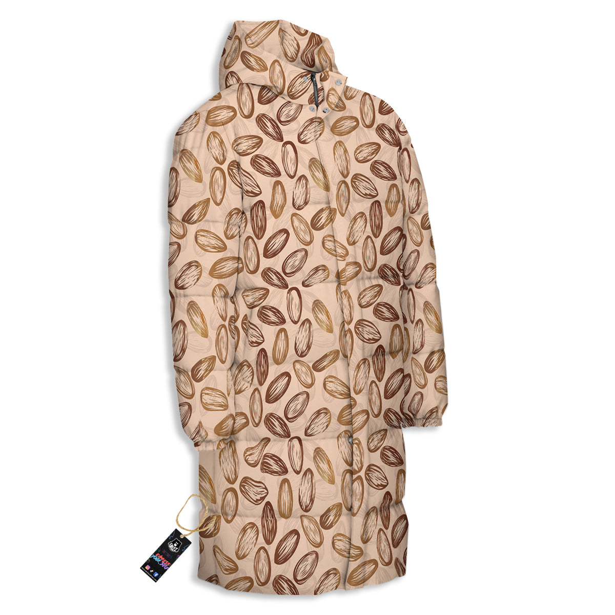 Almond Beige Print Pattern Long Down Jacket-grizzshop