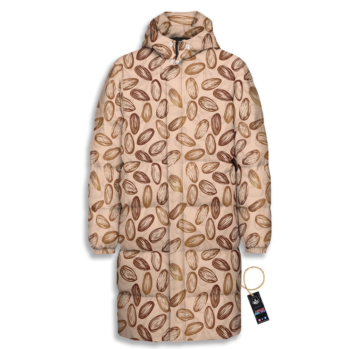 Almond Beige Print Pattern Long Down Jacket-grizzshop