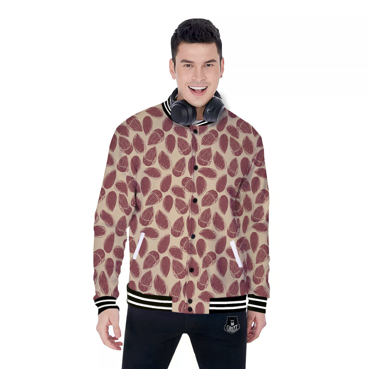 Almond Vintage Print Pattern Baseball Jacket-grizzshop