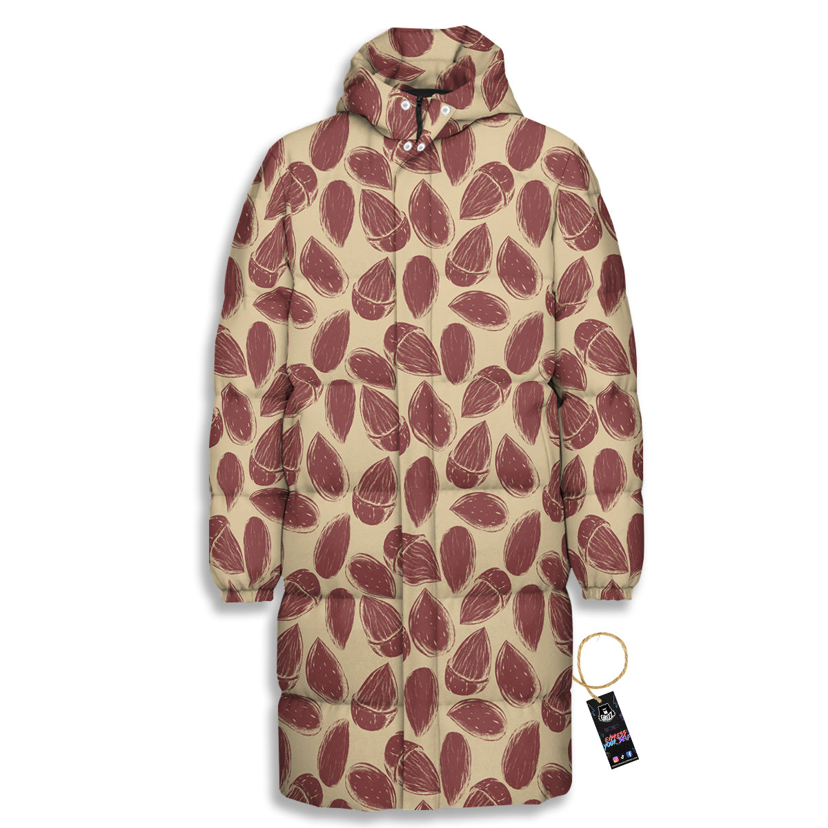 Almond Vintage Print Pattern Long Down Jacket-grizzshop