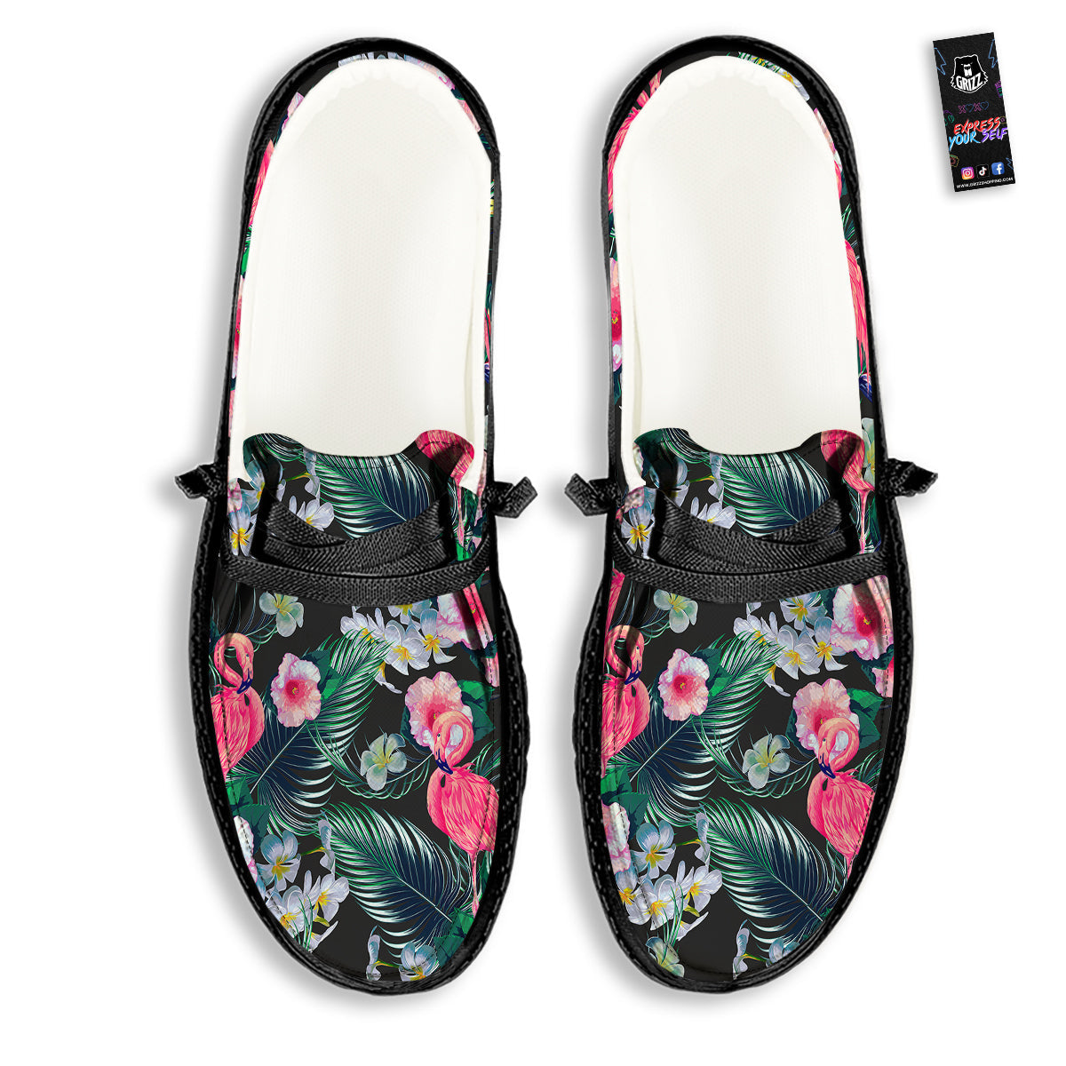 Aloha Flamingo Tropical Print Pattern Black Loafers-grizzshop