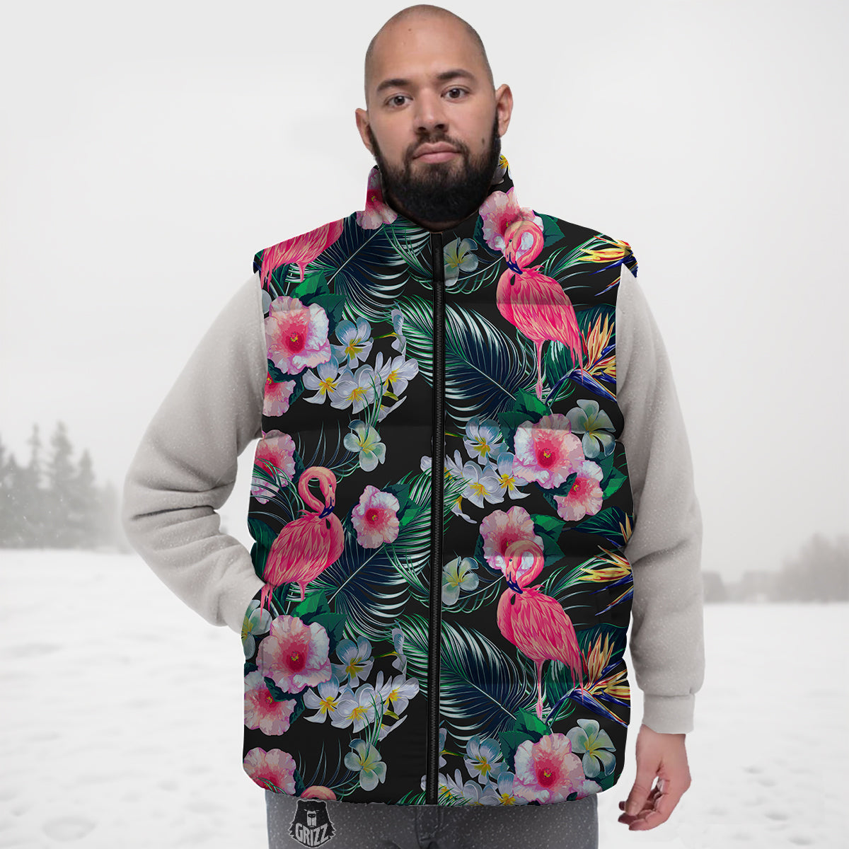 Aloha Flamingo Tropical Print Pattern Down Vest-grizzshop