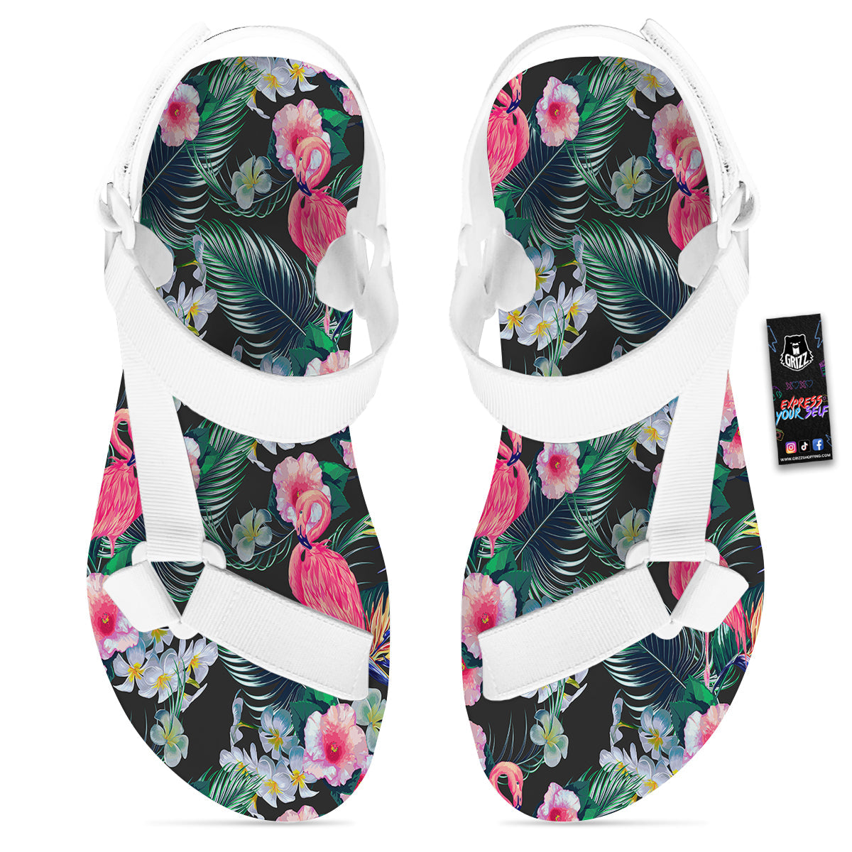 Aloha Flamingo Tropical Print Pattern White Open Toe Sandals-grizzshop