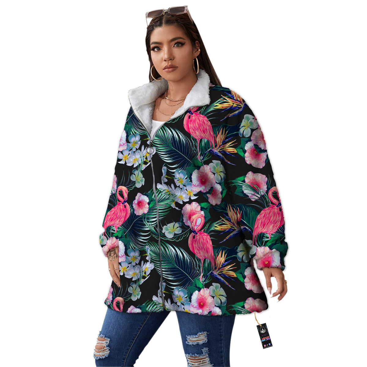 Aloha Flamingo Tropical Print Pattern Women's Sherpa Jacket-grizzshop