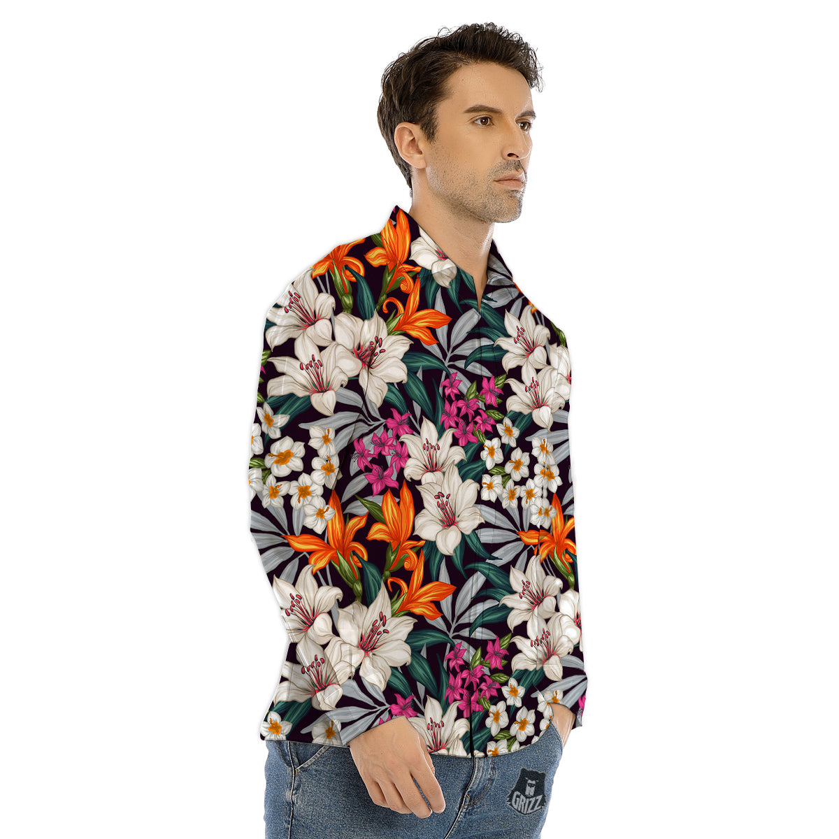 Aloha Flower Tropical Print Pattern Men's Dress Shirts-grizzshop